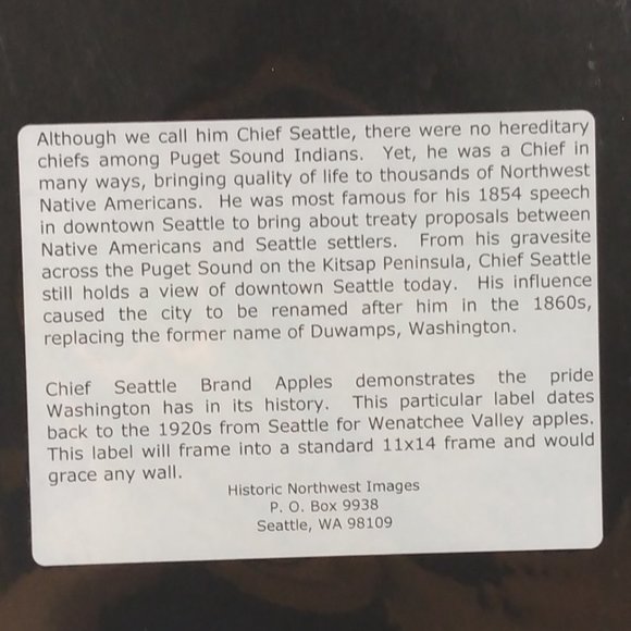 Chief Seattle Wenatchee Valley Apples Washington Art Print Crate Label Matted - Picture 3 of 3